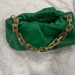Green Ruched Clutch with Gold Chain Strap